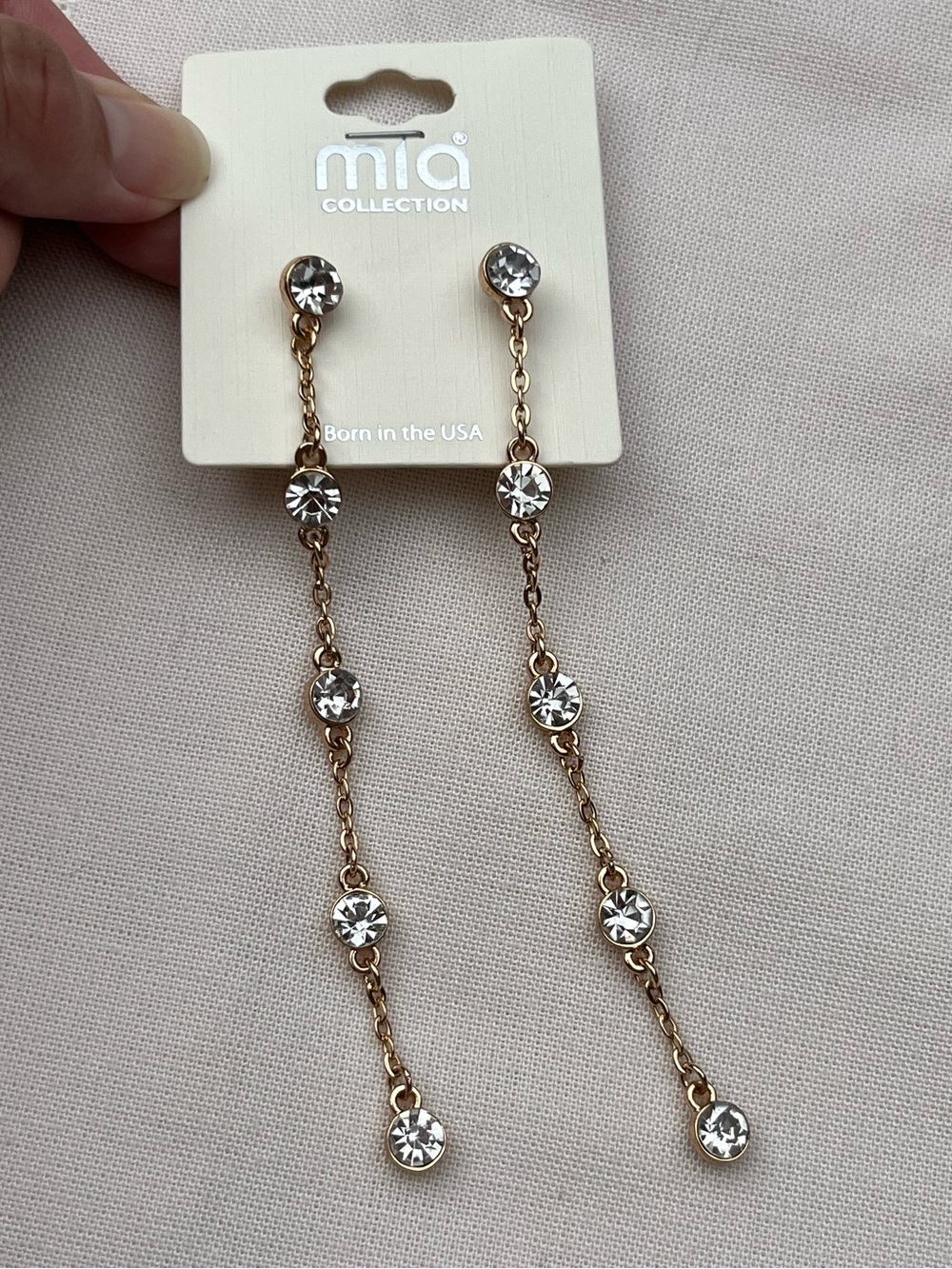 Mia Collection Gold Tone Long Chain Earrings with Clear Stones